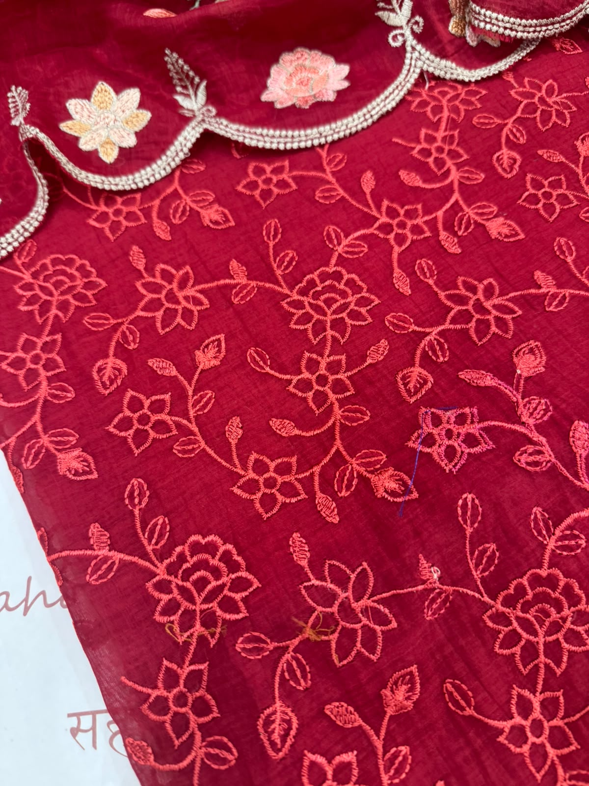 Pure Mul Chanderi Parsi Work Embroidered Red Suit Set