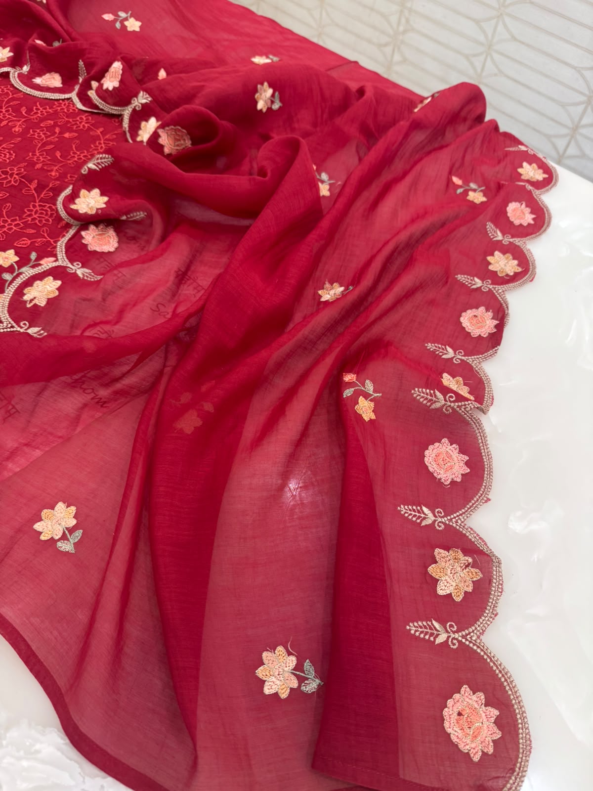 Pure Mul Chanderi Parsi Work Embroidered Red Suit Set