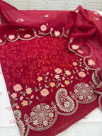 Pure Mul Chanderi Parsi Work Embroidered Red Suit Set