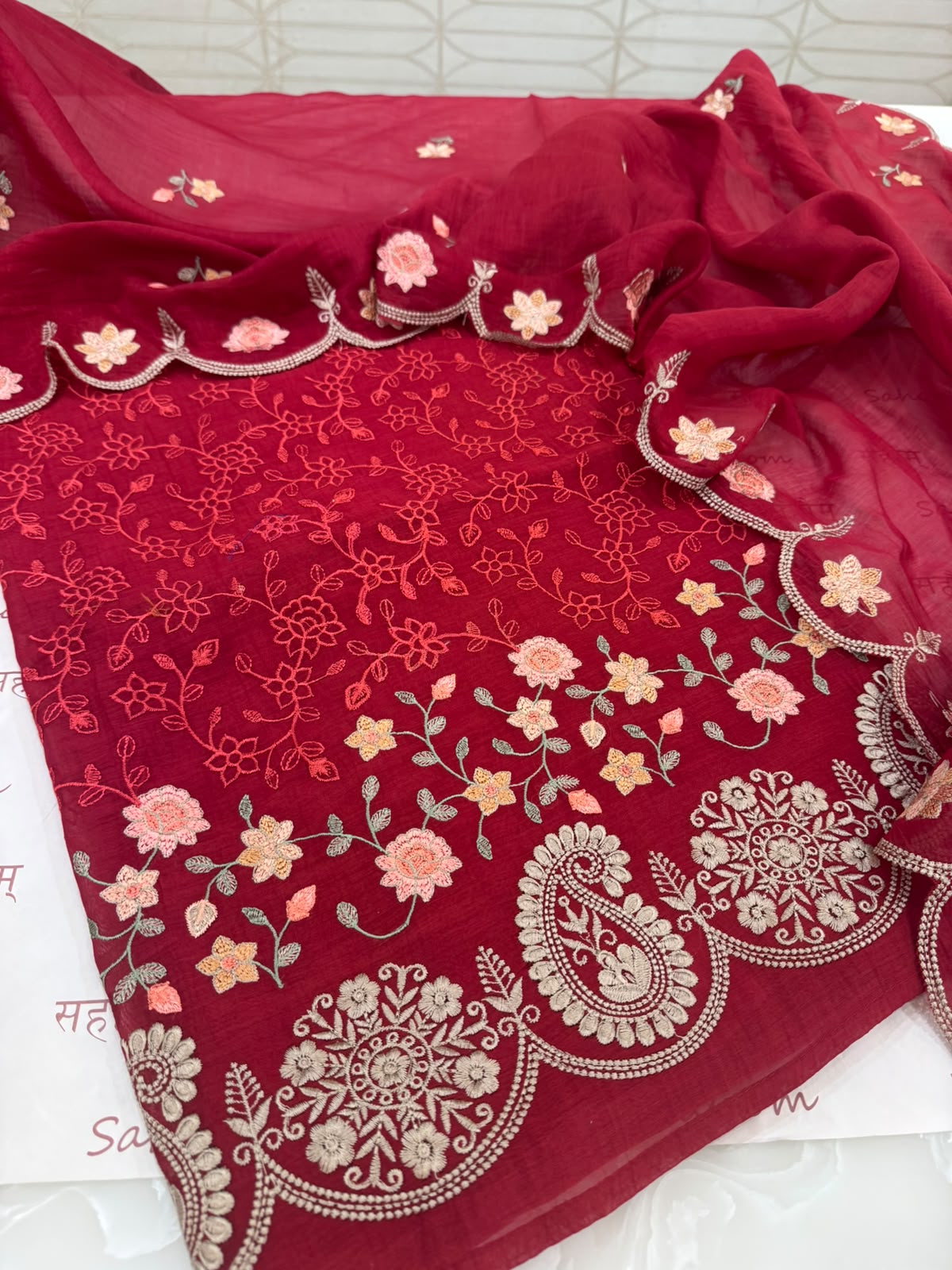 Pure Mul Chanderi Parsi Work Embroidered Red Suit Set