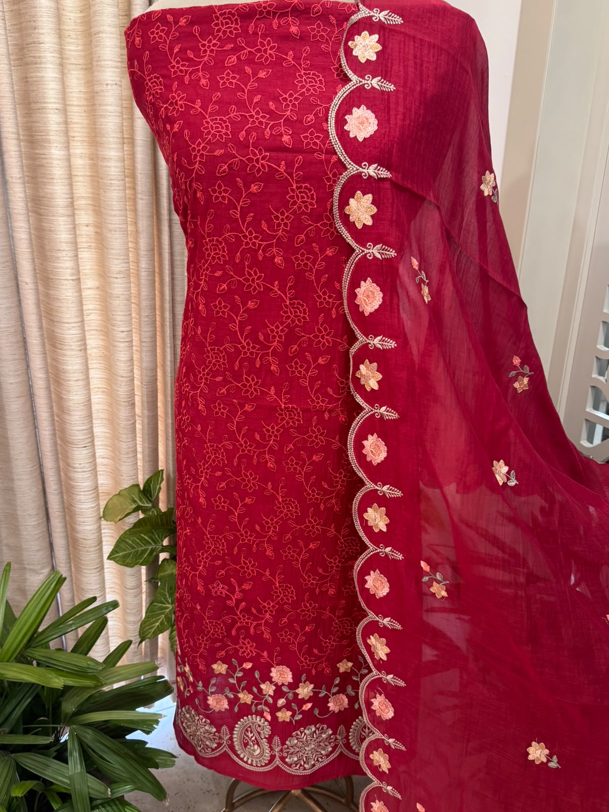 Pure Mul Chanderi Parsi Work Embroidered Red Suit Set