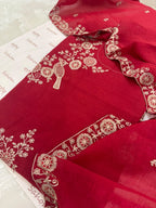 Pure Mul Chanderi Thread Work Embroidered Suit Set – Red