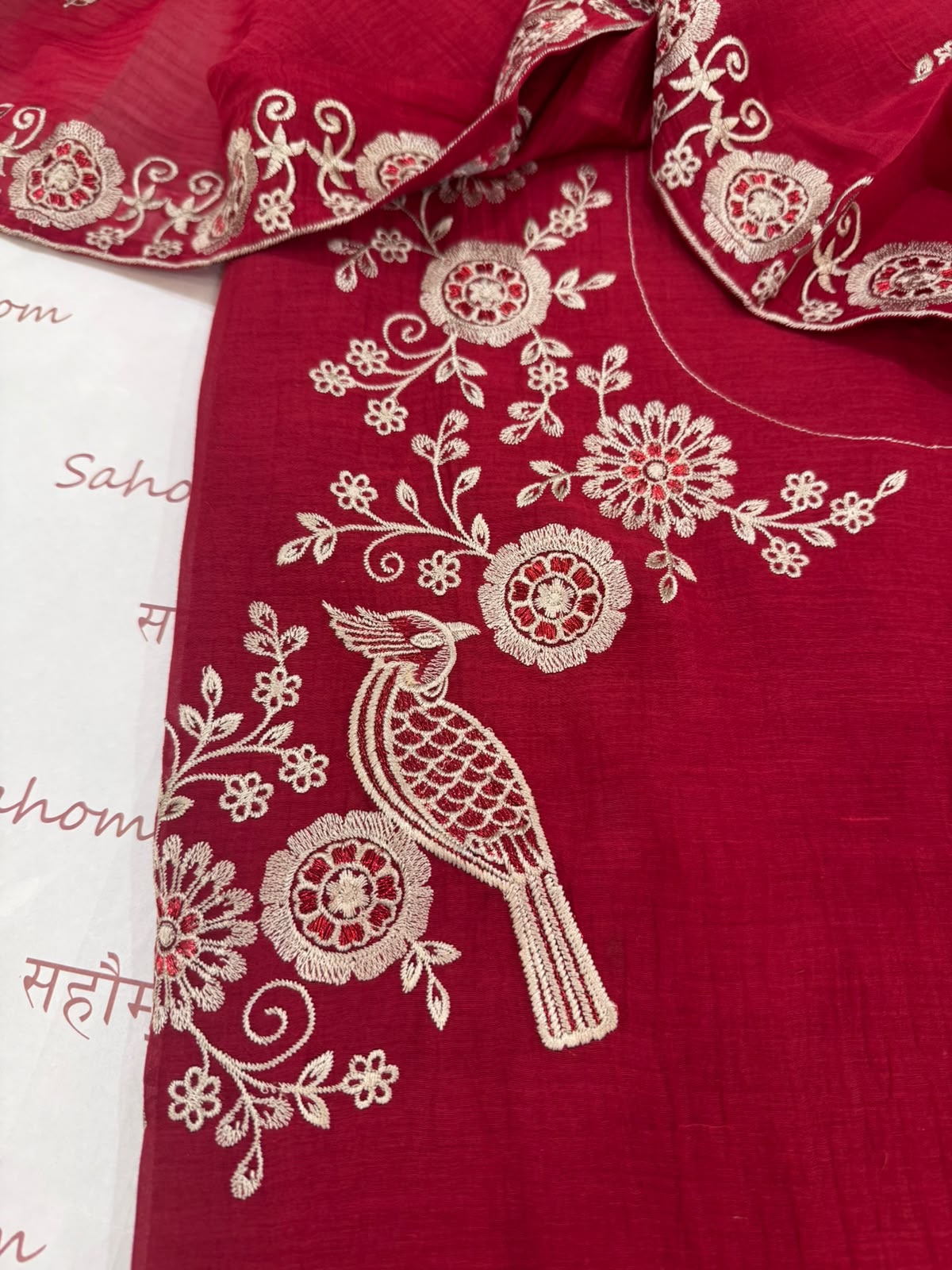 Pure Mul Chanderi Thread Work Embroidered Suit Set – Red