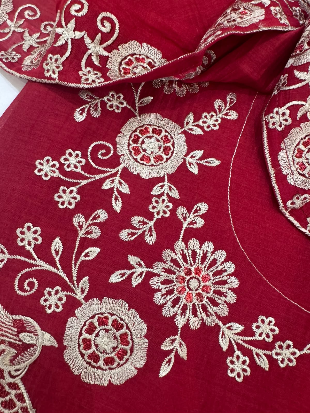 Pure Mul Chanderi Thread Work Embroidered Suit Set – Red