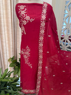 Pure Mul Chanderi Thread Work Embroidered Suit Set – Red