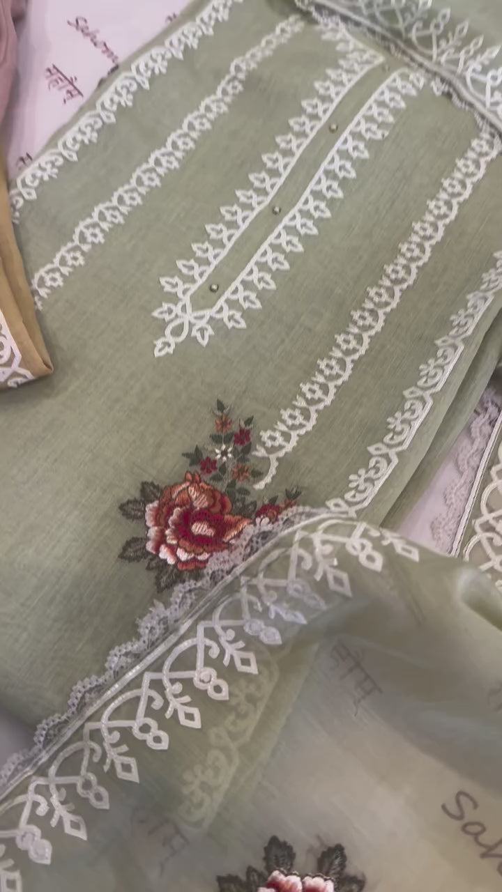 Pure Mul Chanderi Semi-Stitched Laser Cut & Parsi Work Suit Set