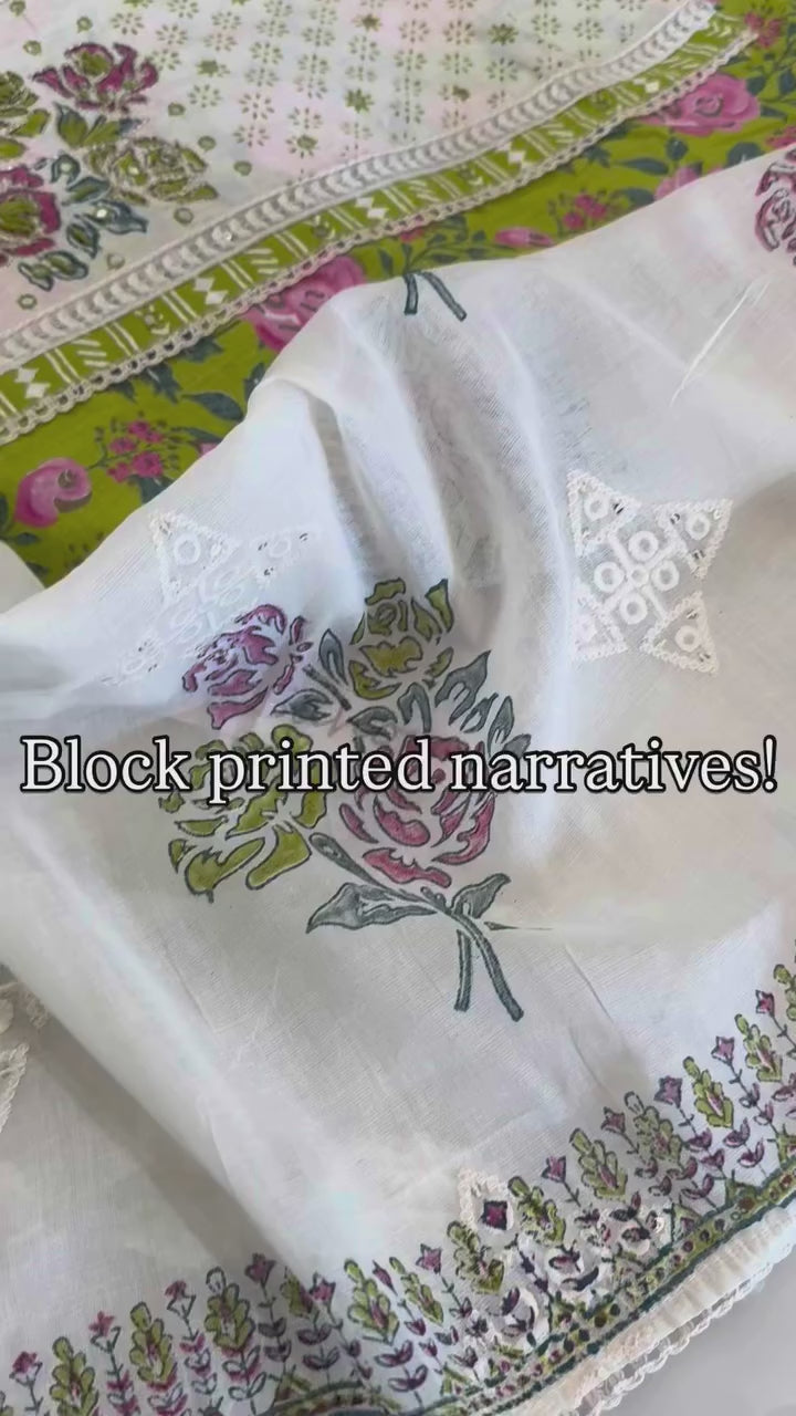 Pure Cotton Block Print Kurta Set with Self-Embroidered Mul Dupatta