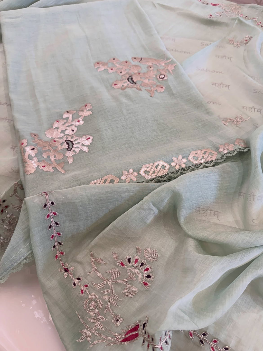 Pure Mul Cotton Chanderi Appliqué & Zari Work Suit Set