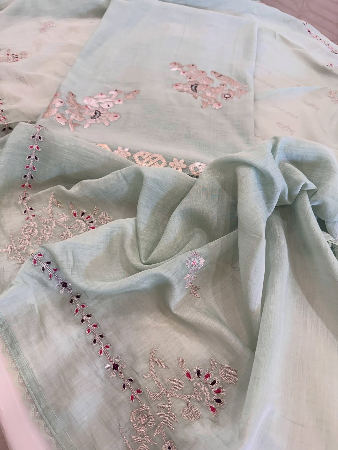 Pure Mul Cotton Chanderi Appliqué & Zari Work Suit Set