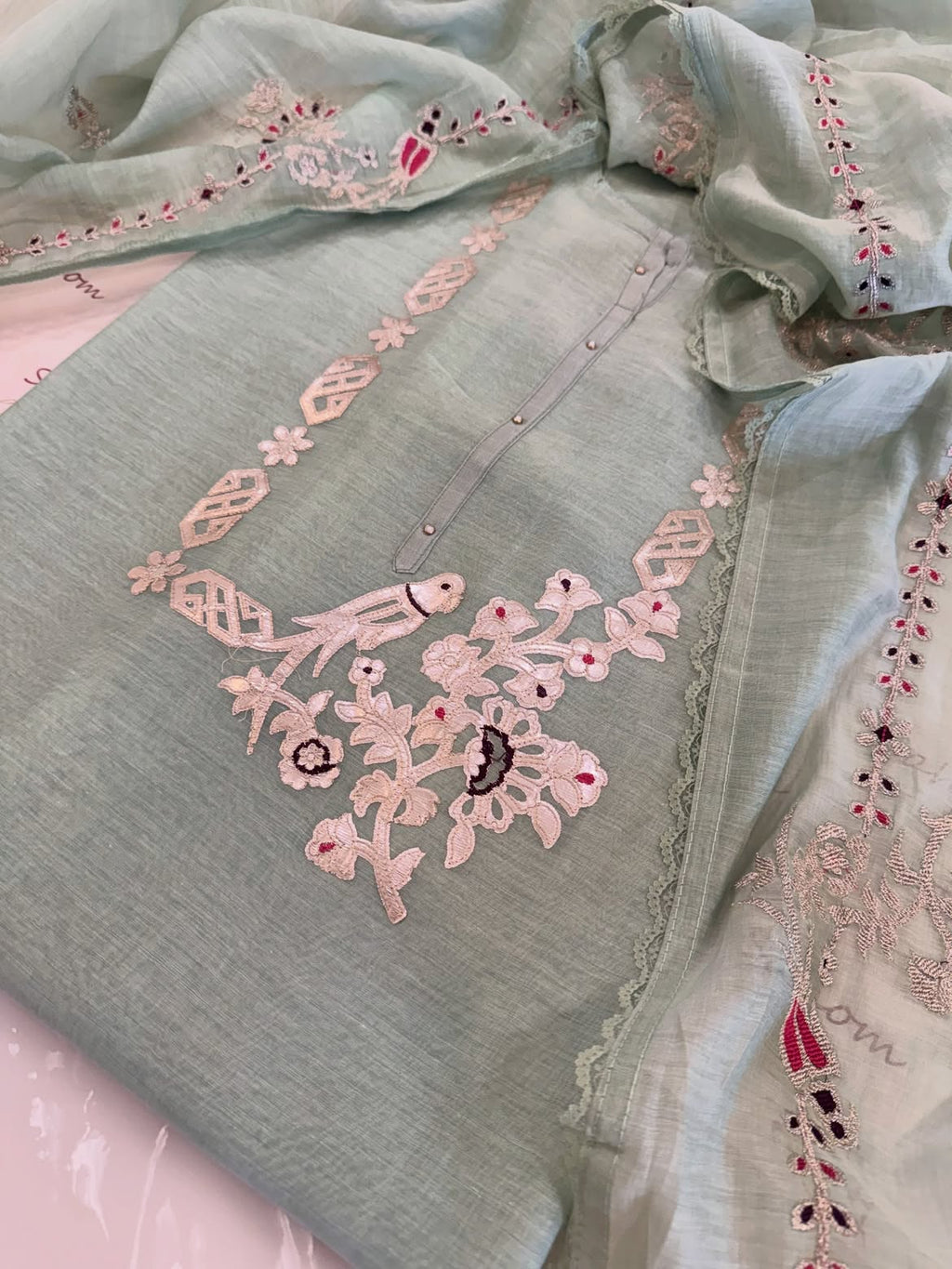 Pure Mul Cotton Chanderi Appliqué & Zari Work Suit Set