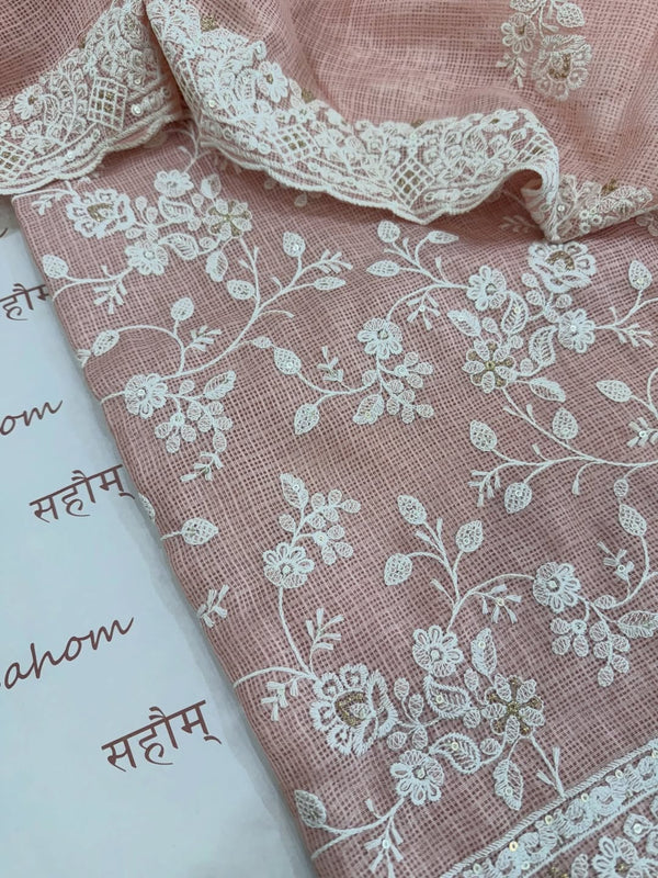 kota doria thread work embroidered kurta and dupatta combined with a plain lower.