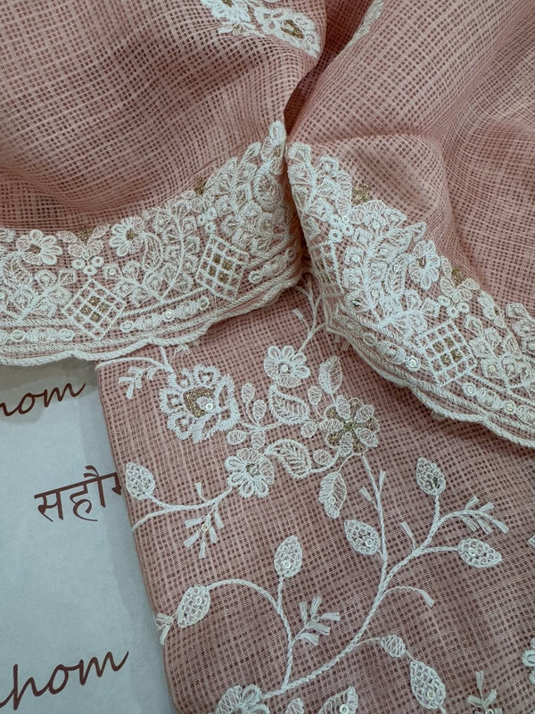 kota doria thread work embroidered kurta and dupatta combined with a plain lower.