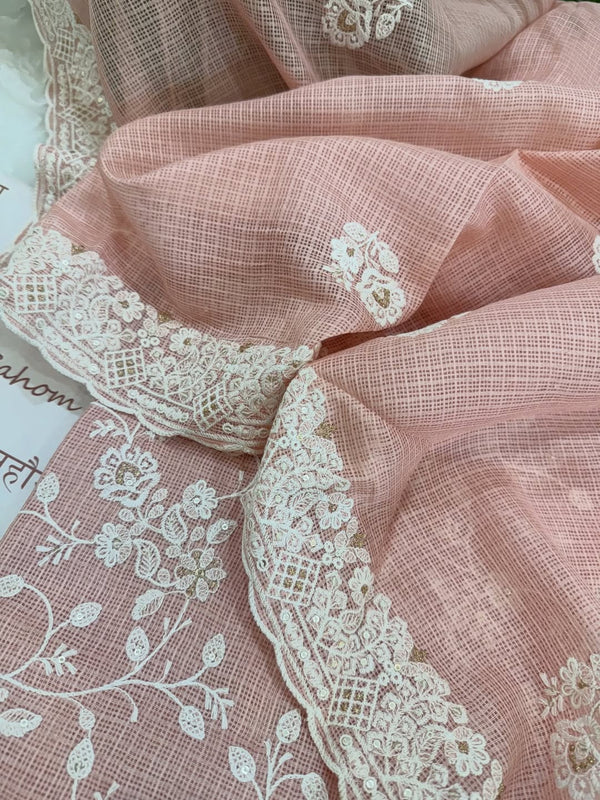 kota doria thread work embroidered kurta and dupatta combined with a plain lower.