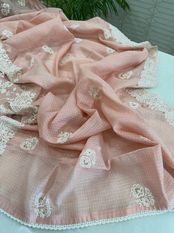 kota doria thread work embroidered kurta and dupatta combined with a plain lower.