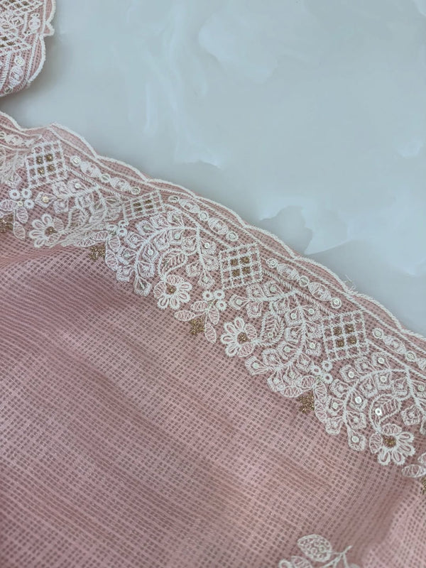 kota doria thread work embroidered kurta and dupatta combined with a plain lower.