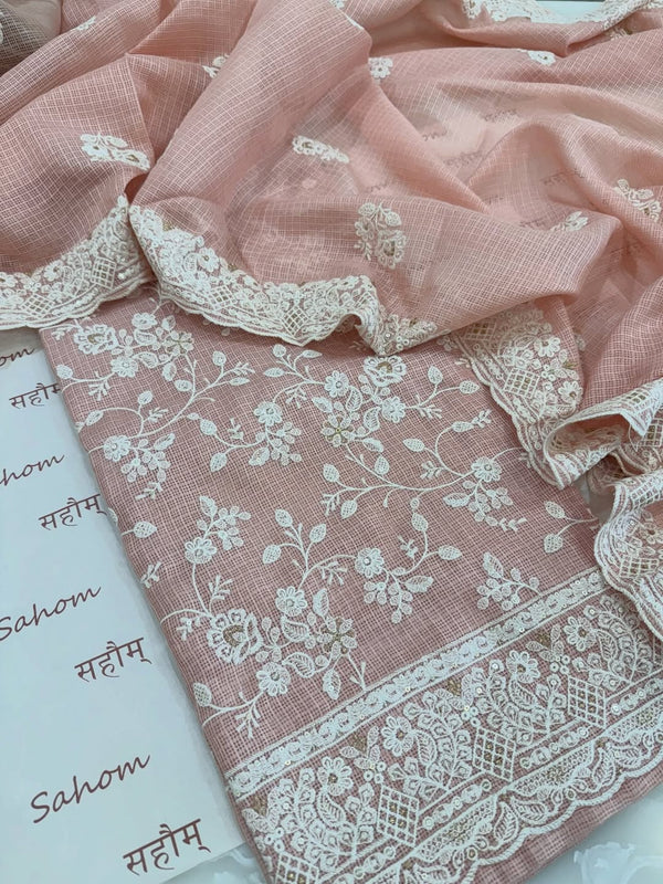 kota doria thread work embroidered kurta and dupatta combined with a plain lower.