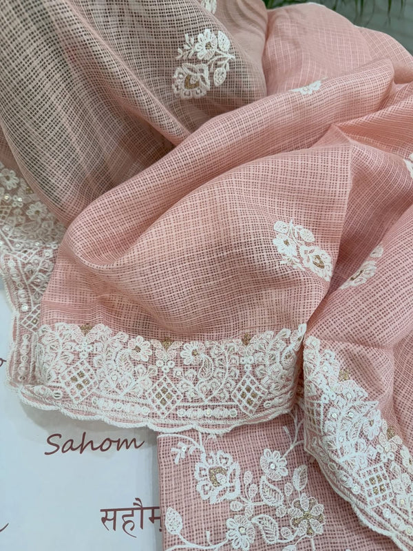 kota doria thread work embroidered kurta and dupatta combined with a plain lower.