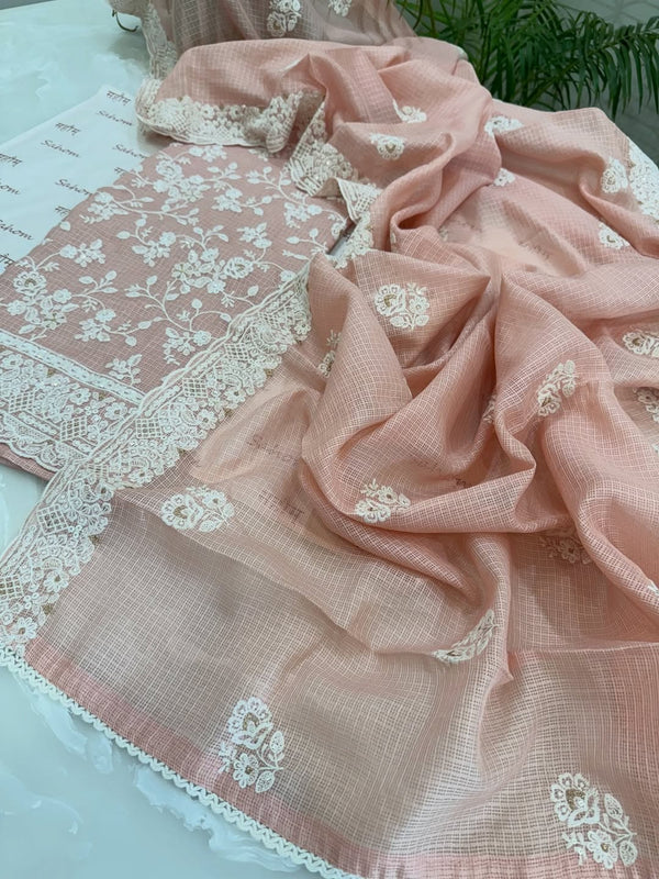 kota doria thread work embroidered kurta and dupatta combined with a plain lower.