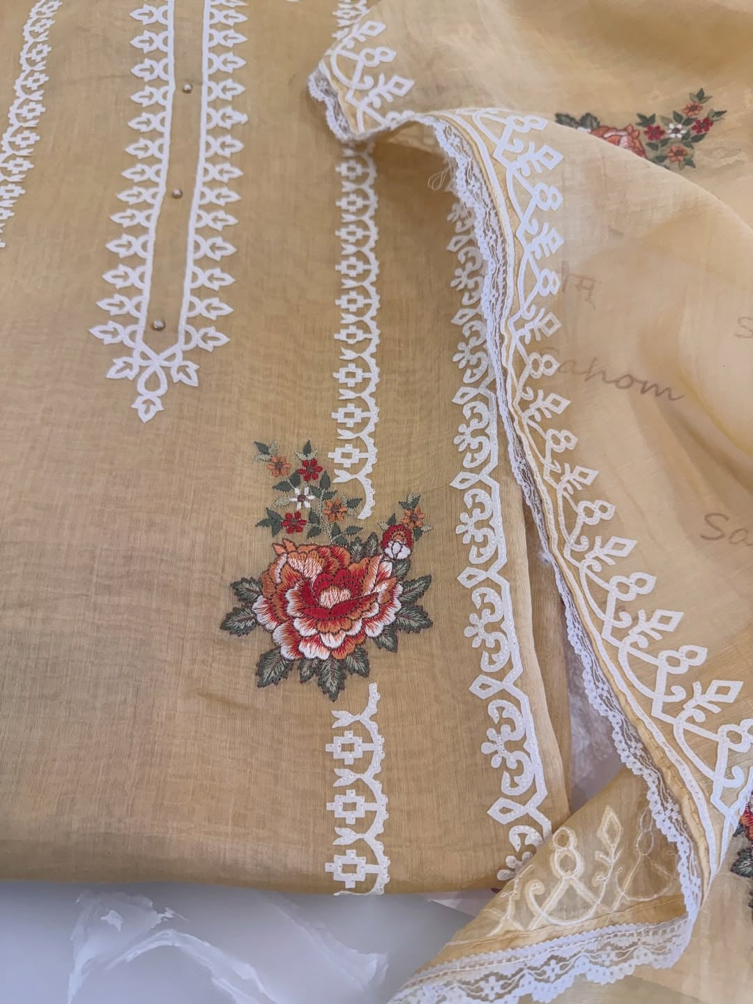 Pure Mul Chanderi Semi-Stitched Laser Cut & Parsi Work Suit Set