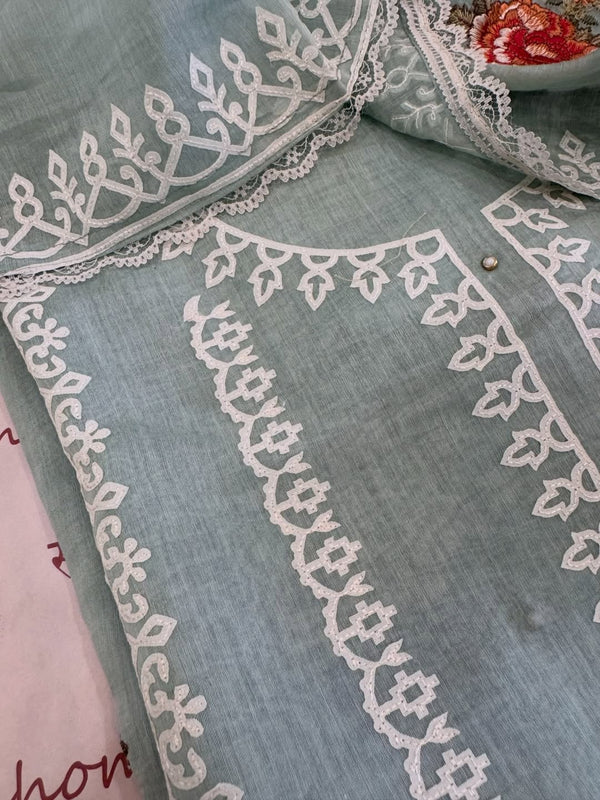 Pure mul chanderi semi stitched kurta and dupatta with laser cut work and parsi work.