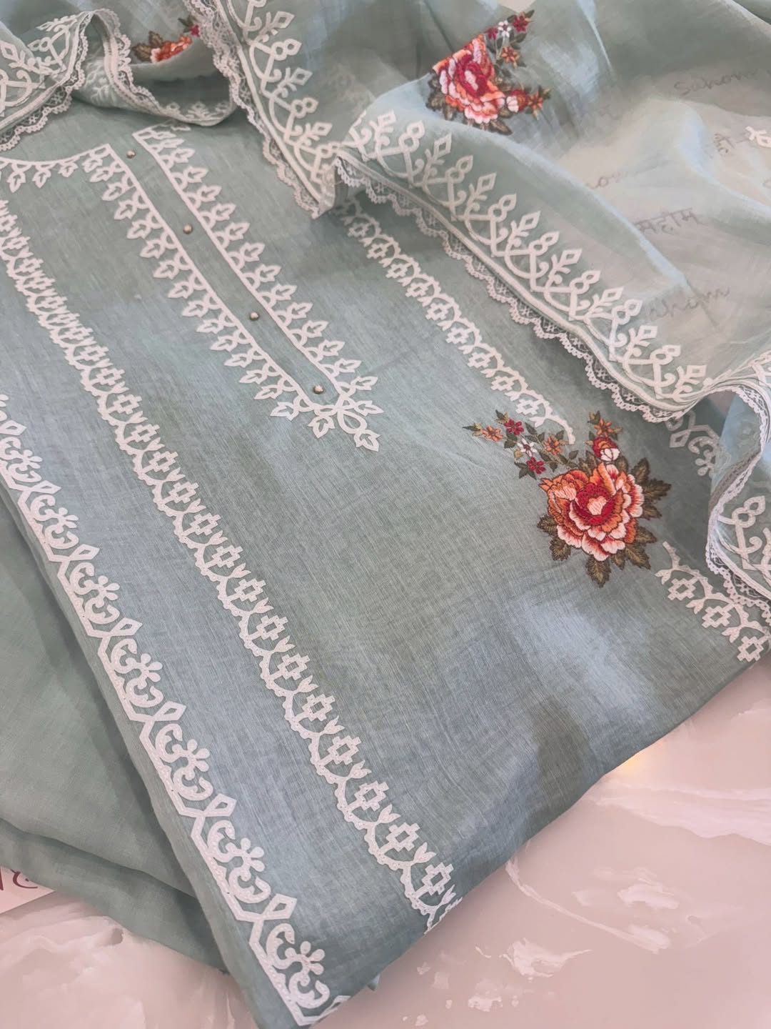 Pure Mul Chanderi Semi-Stitched Laser Cut & Parsi Work Suit Set