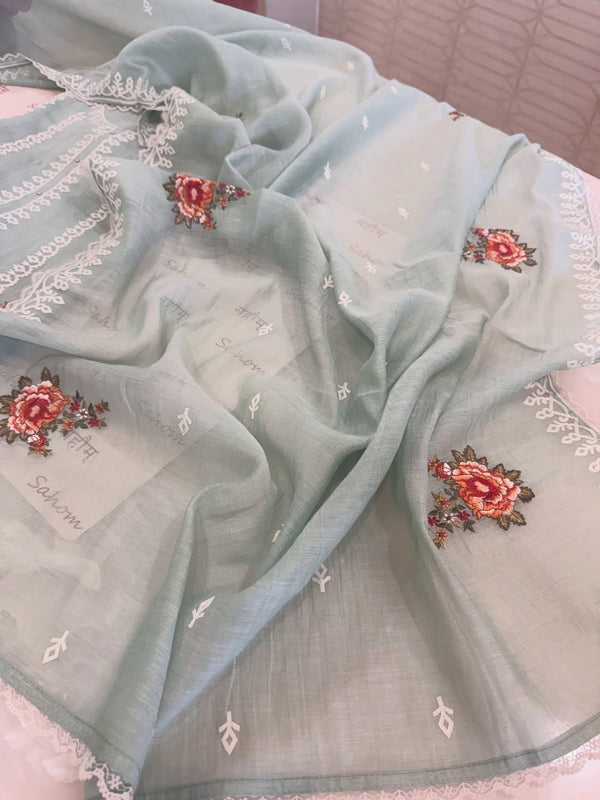 Pure mul chanderi semi stitched kurta and dupatta with laser cut work and parsi work.