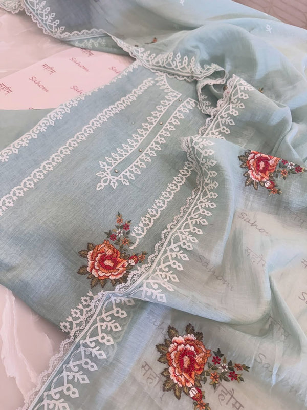 Pure mul chanderi semi stitched kurta and dupatta with laser cut work and parsi work.