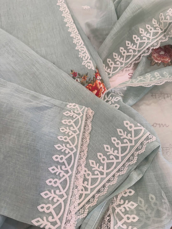 Pure mul chanderi semi stitched kurta and dupatta with laser cut work and parsi work.