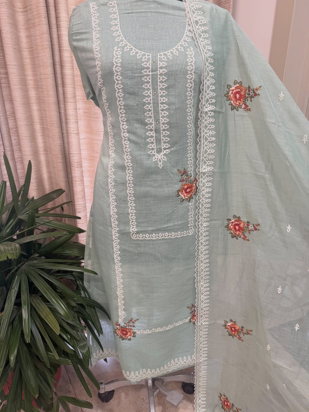 Pure Mul Chanderi Semi-Stitched Laser Cut & Parsi Work Suit Set
