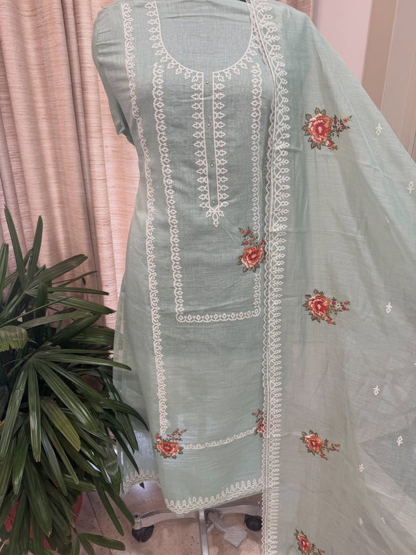Pure mul chanderi semi stitched kurta and dupatta with laser cut work and parsi work.