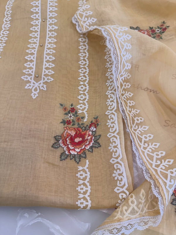 Pure mul chanderi semi stitched kurta and dupatta with laser cut work and parsi work.