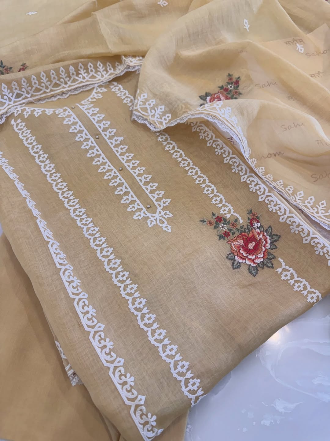 Pure Mul Chanderi Semi-Stitched Laser Cut & Parsi Work Suit Set
