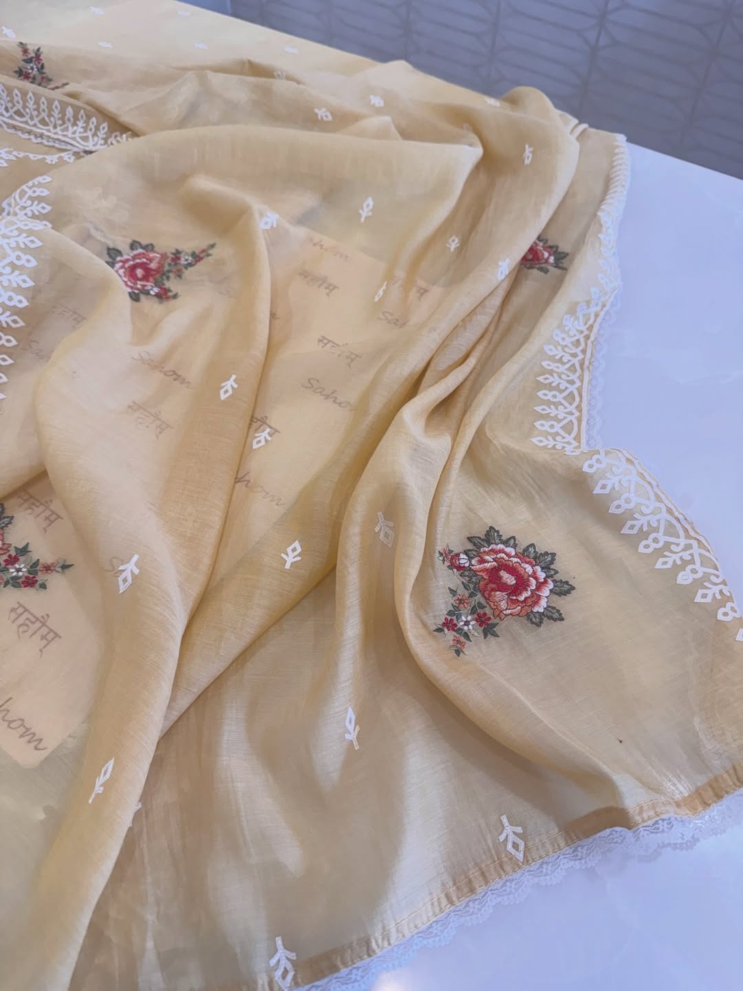 Pure Mul Chanderi Semi-Stitched Laser Cut & Parsi Work Suit Set