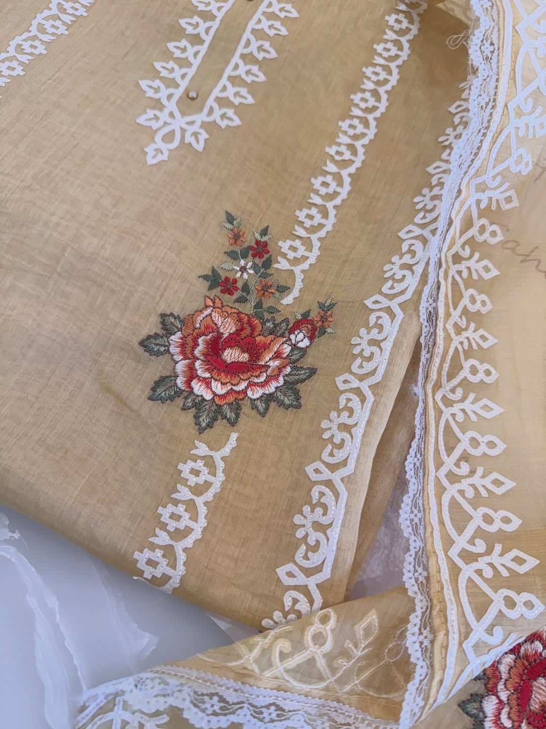 Pure Mul Chanderi Semi-Stitched Laser Cut & Parsi Work Suit Set
