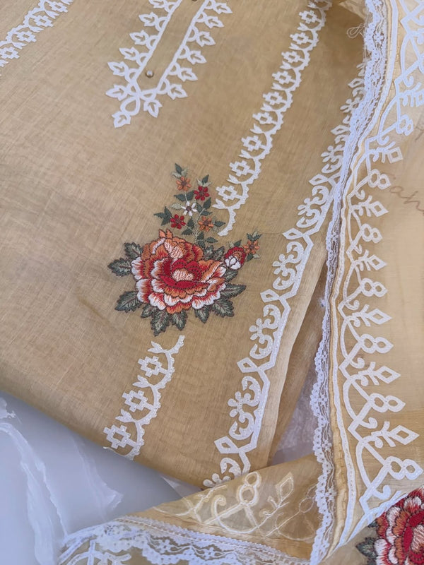 Pure mul chanderi semi stitched kurta and dupatta with laser cut work and parsi work.