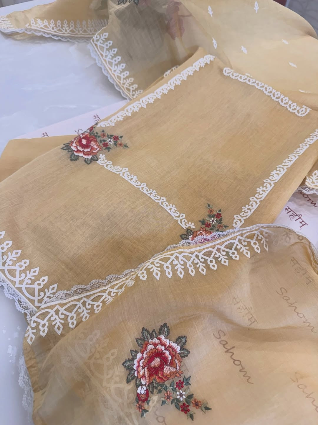 Pure Mul Chanderi Semi-Stitched Laser Cut & Parsi Work Suit Set