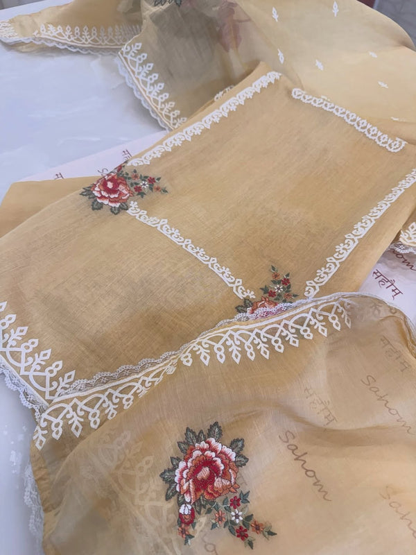 Pure mul chanderi semi stitched kurta and dupatta with laser cut work and parsi work.