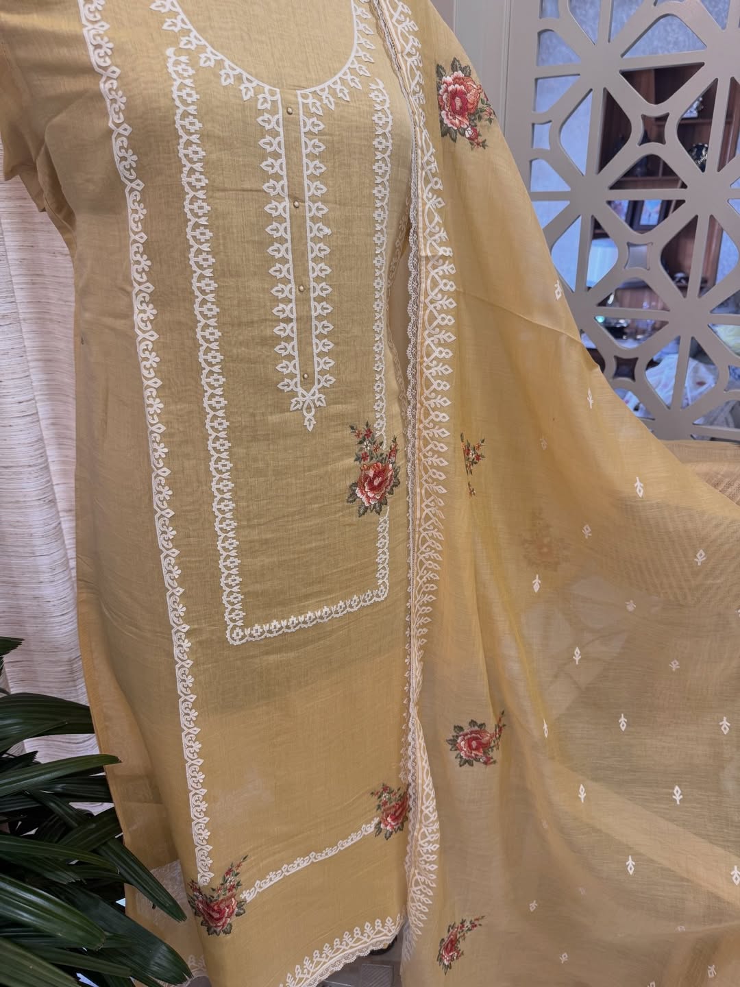 Pure Mul Chanderi Semi-Stitched Laser Cut & Parsi Work Suit Set