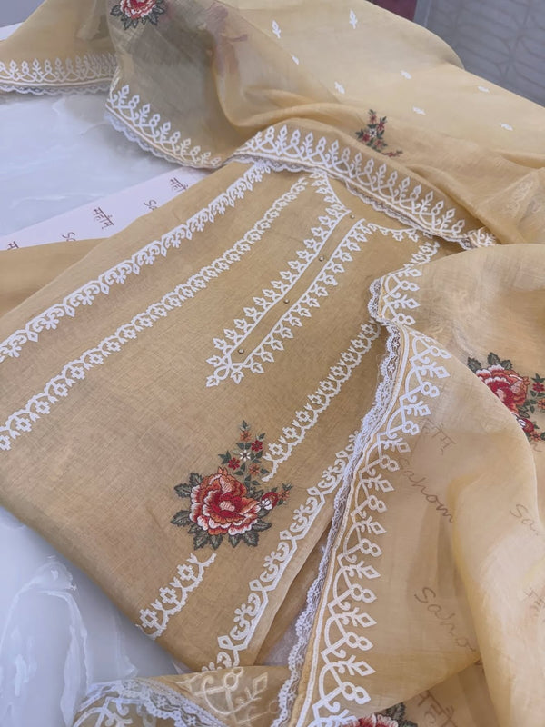 Pure mul chanderi semi stitched kurta and dupatta with laser cut work and parsi work.