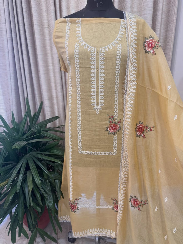 Pure mul chanderi semi stitched kurta and dupatta with laser cut work and parsi work.