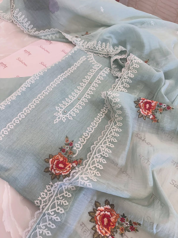 Pure mul chanderi semi stitched kurta and dupatta with laser cut work and parsi work.