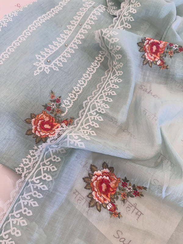 Pure mul chanderi semi stitched kurta and dupatta with laser cut work and parsi work.