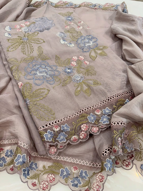 Pure mul chanderi thread work embroidered kurta and dupatta with lace detailing.