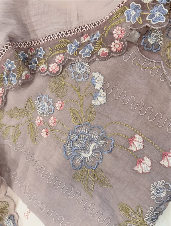 Pure mul chanderi thread work embroidered kurta and dupatta with lace detailing.