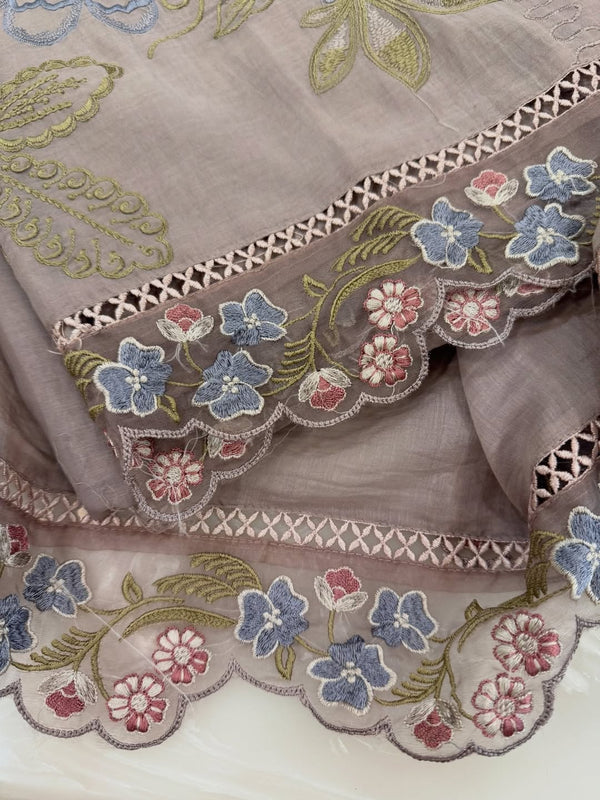 Pure mul chanderi thread work embroidered kurta and dupatta with lace detailing.