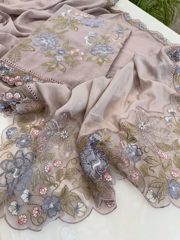 Pure mul chanderi thread work embroidered kurta and dupatta with lace detailing.