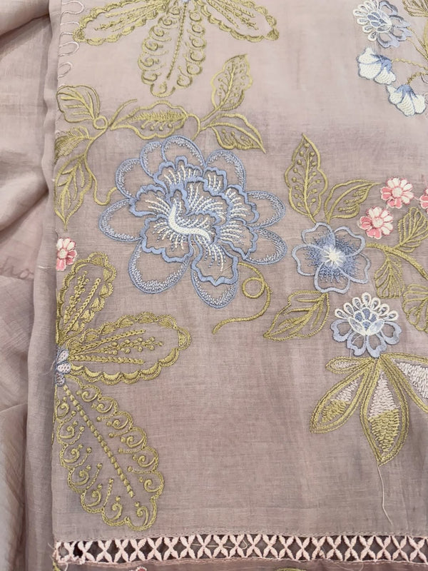 Pure mul chanderi thread work embroidered kurta and dupatta with lace detailing.