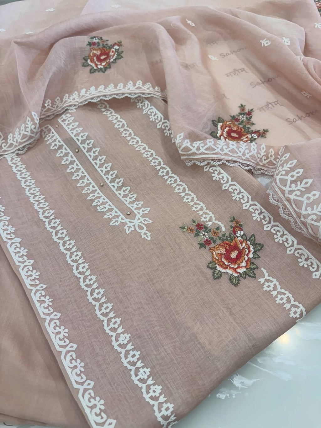 Pure Mul Chanderi Semi-Stitched Laser Cut & Parsi Work Suit Set