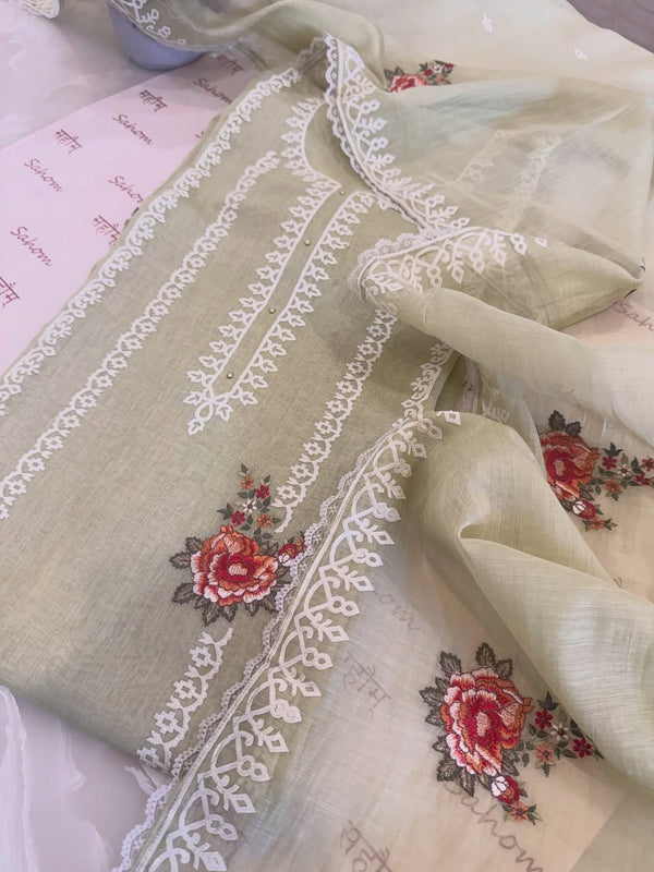 Pure mul chanderi semi stitched kurta and dupatta with laser cut work and parsi work.