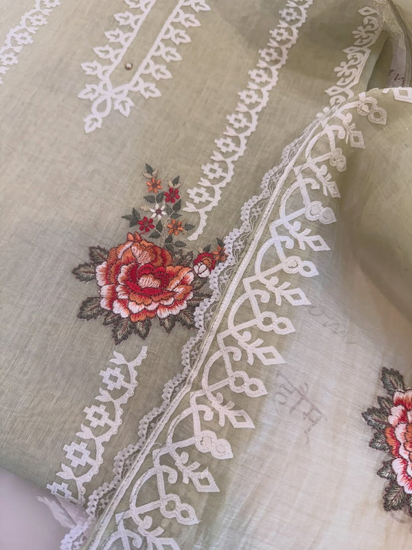 Pure mul chanderi semi stitched kurta and dupatta with laser cut work and parsi work.